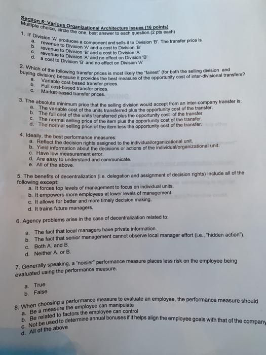  Section 5. Various Organizational Architecture Issues (16 points) Multiple choice, circle