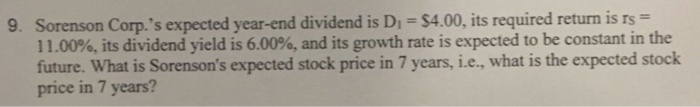  Sorenson Corp.'s expected year-end dividend is D,-$4.00, its required return is