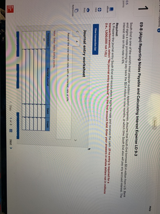  Help E9-8 (Algo) Reporting Notes Payable and Calculating Interest Expense LO