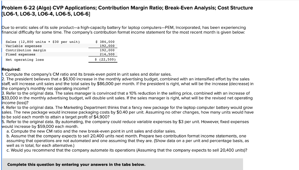 Problem 6-22 (Algo) CVP Applications; Contribution Margin Ratio; Break-Even Analysis; Cost