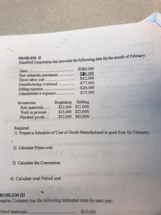  I PROBLEM endond Coporation has provided the following data for the