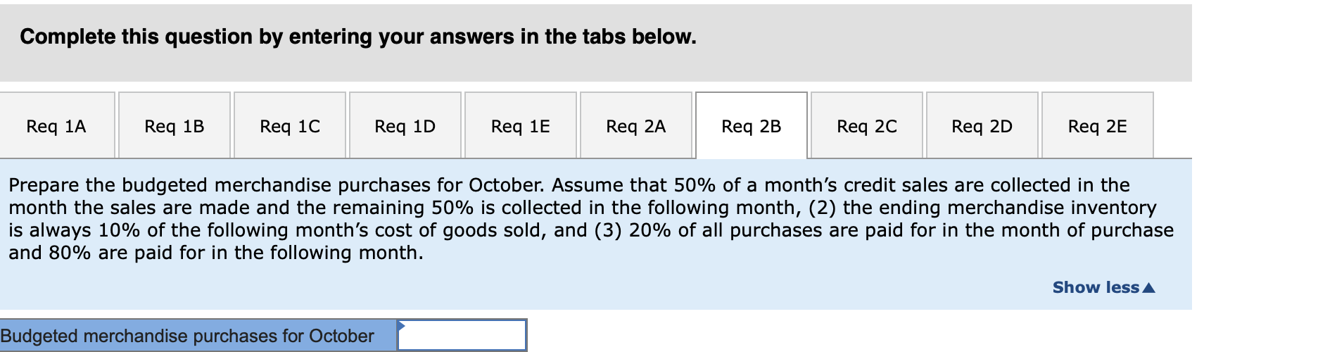 a. The budgeted cash collections for October. b. The budgeted merchandise purchases