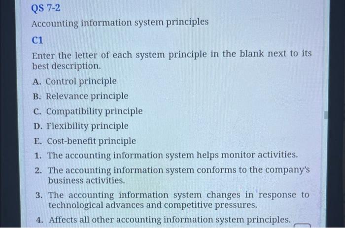 help please Accounting information system principles C1 Enter the letter of each