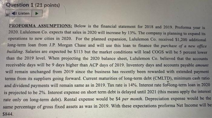  Question 1 (21 points) Listen PROFORMA ASSUMPTIONS: Below is the financial
