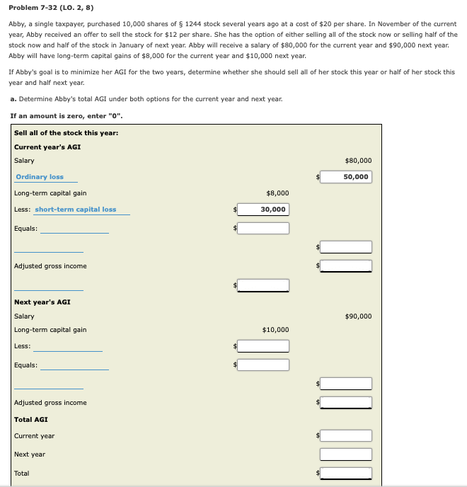 Problem 7-32 (LO. 2, 8) Abby, a single taxpayer, purchased 10,000