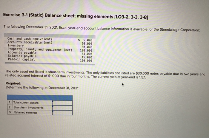  Exercise 3-1 (Static) Balance sheet; missing elements (LO3-2, 3-3, 3-8] The