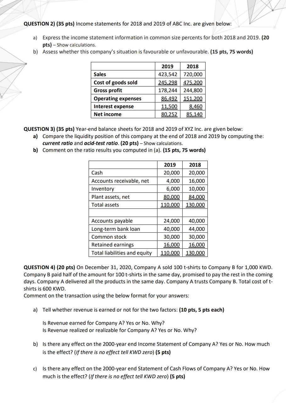  subject financial statement analysis Act 450 QUESTION 2) (35 pts) Income