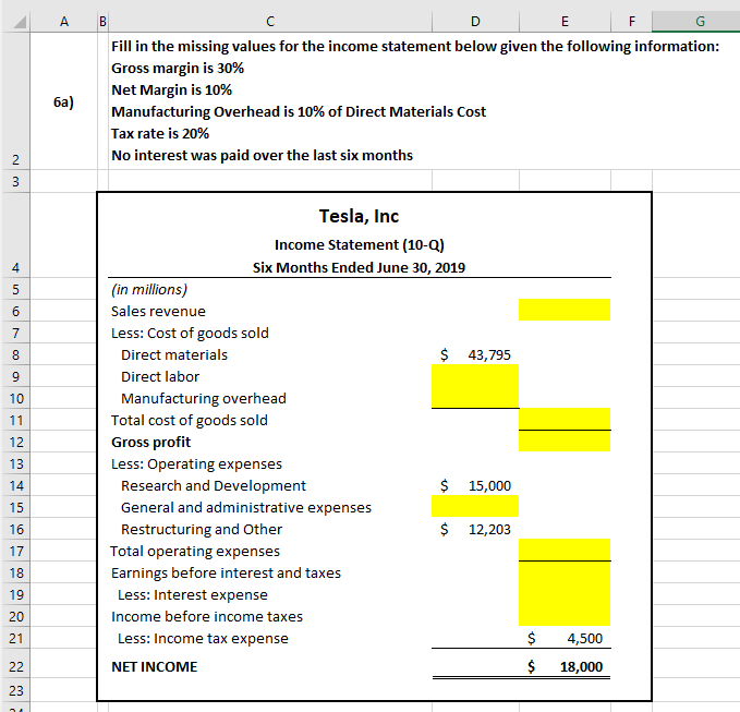 D E F G Fill in the missing values for the