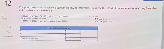  Compute total overhead variance using the following information. (Indicate the effect