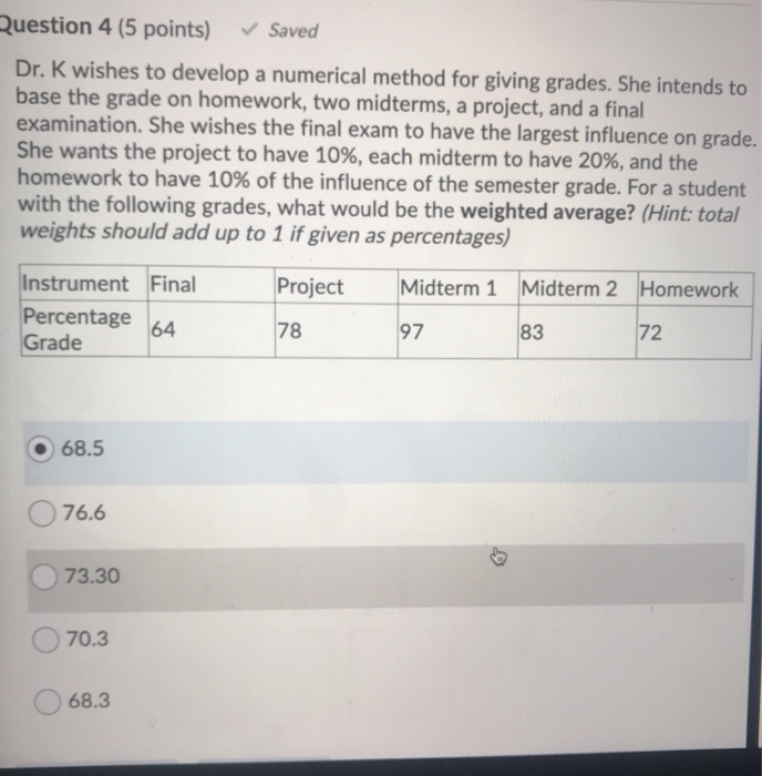  Question 4 (5 points) Saved Dr. K wishes to develop a