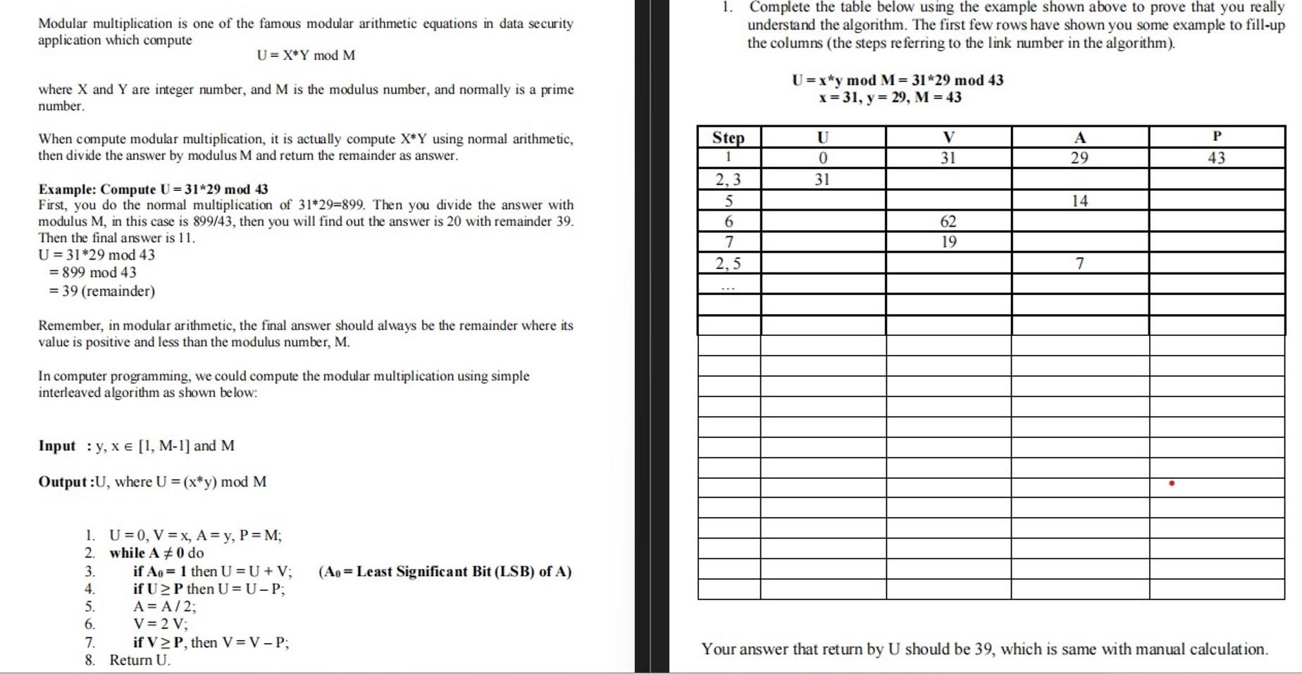  1. Complete the table below using the example shown above to
