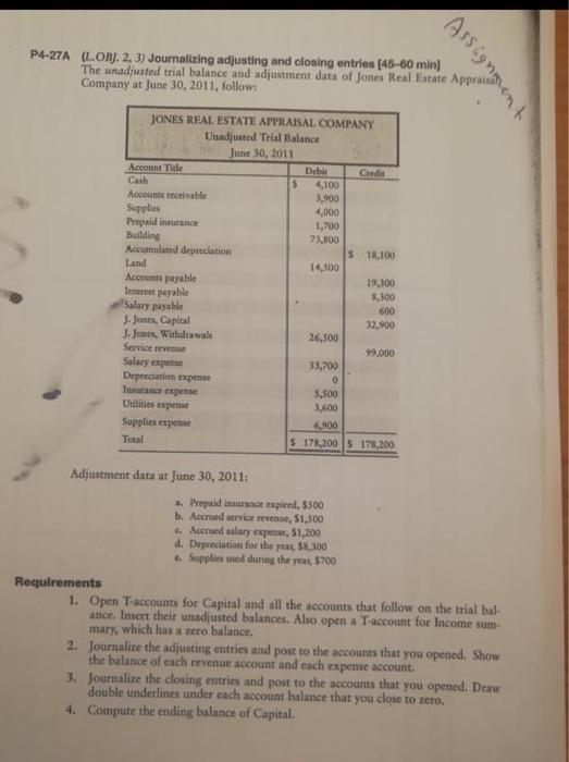  P4-27A (L.OBJ. 2, 3) Journalizing adjusting and closing entries (45-60 min)