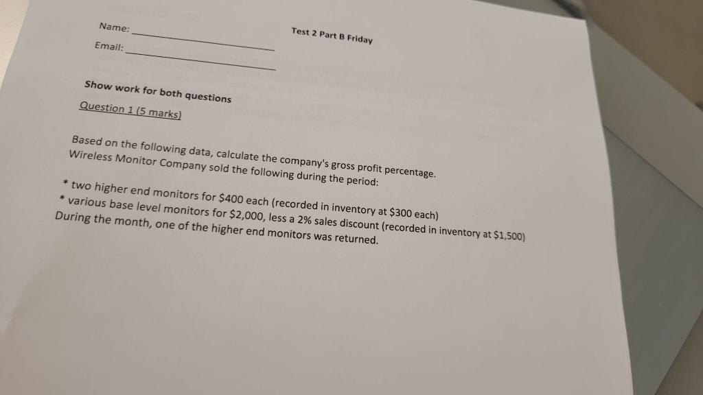Question 1 (5 marks) Based on the following data, calculate the
