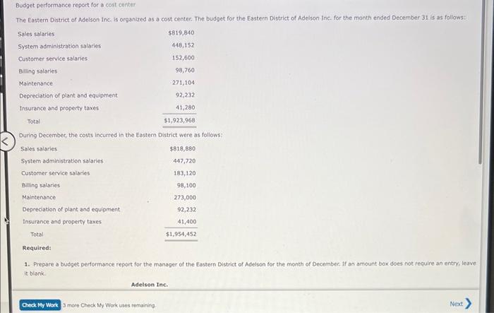  help Budget performance report for a cost center The Eastern District
