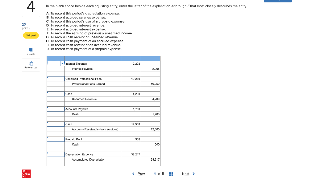 4. In the blank space beside each adjusting entry, enter the
