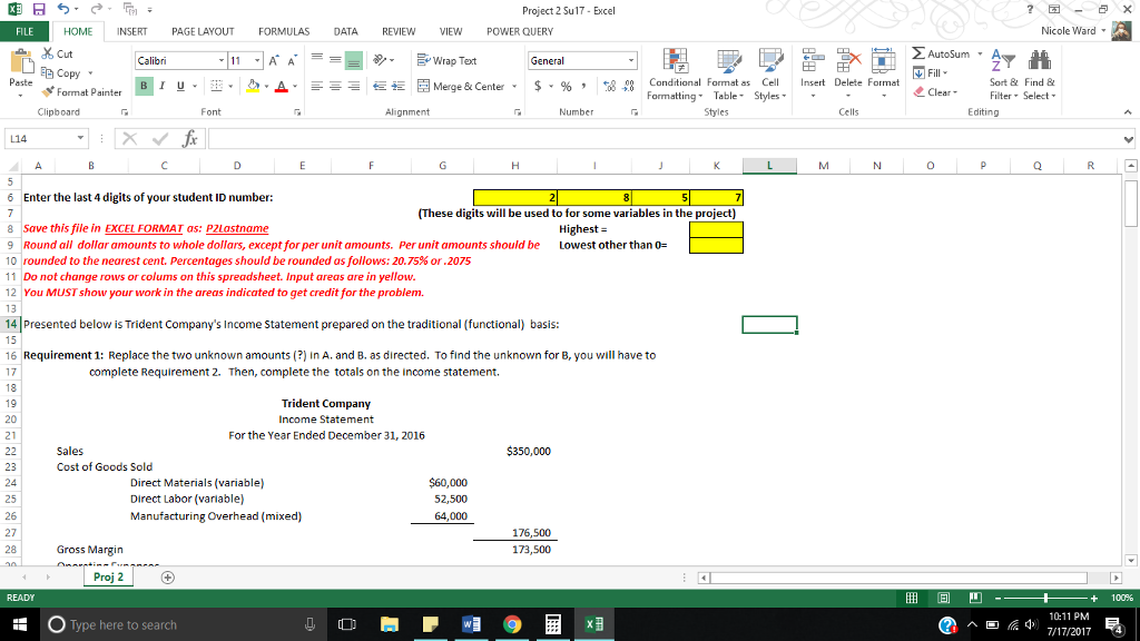 ; Project 2 Su17- Excel FILE HOME INSERT PAGE LAYOUTFORMULAS DATA
