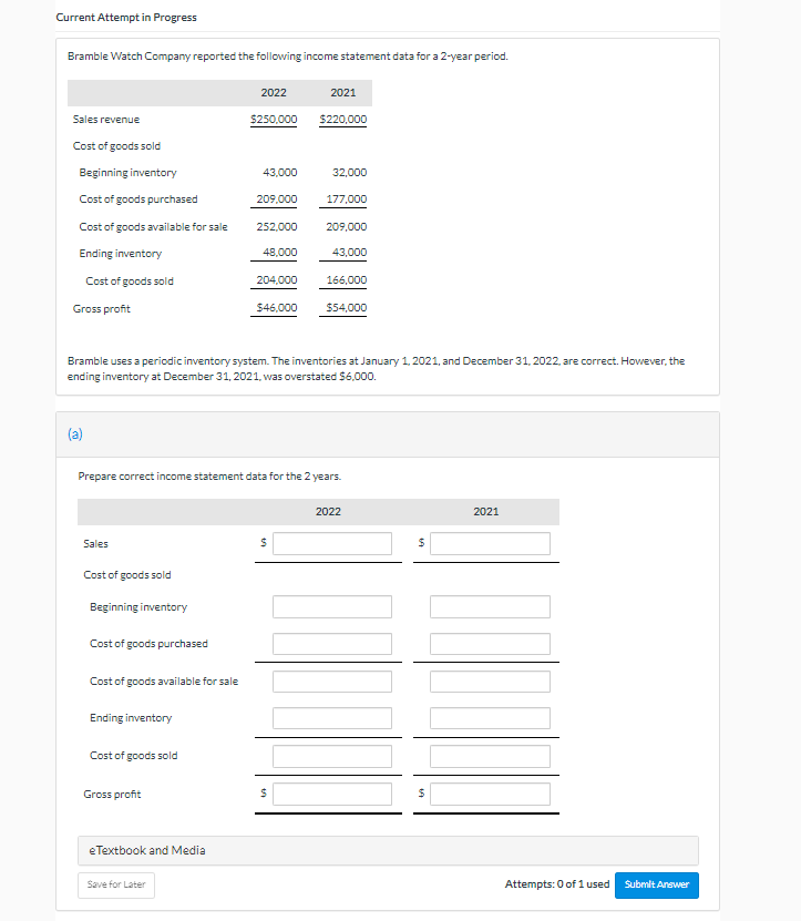 Current Attempt in Progress Bramble Watch Company reported the following income