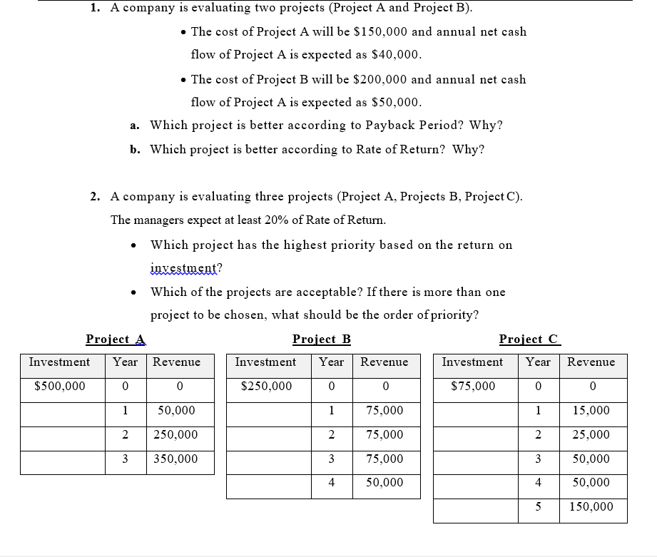 undefined 1. A company is evaluating two projects (Project A and Project