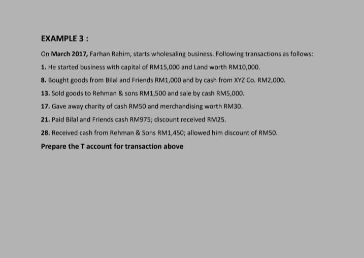  EXAMPLE 3 : On March 2017, Farhan Rahim, starts wholesaling business.