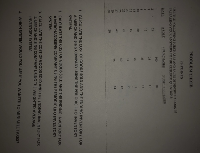 Help please!! Thanks! PROBLEM THREE 20 POINTS USE THE FOLLOWING PURCHASES