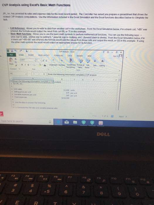  CVP Analysis using Excel's Basic Math Functions JPL. Inc has provided