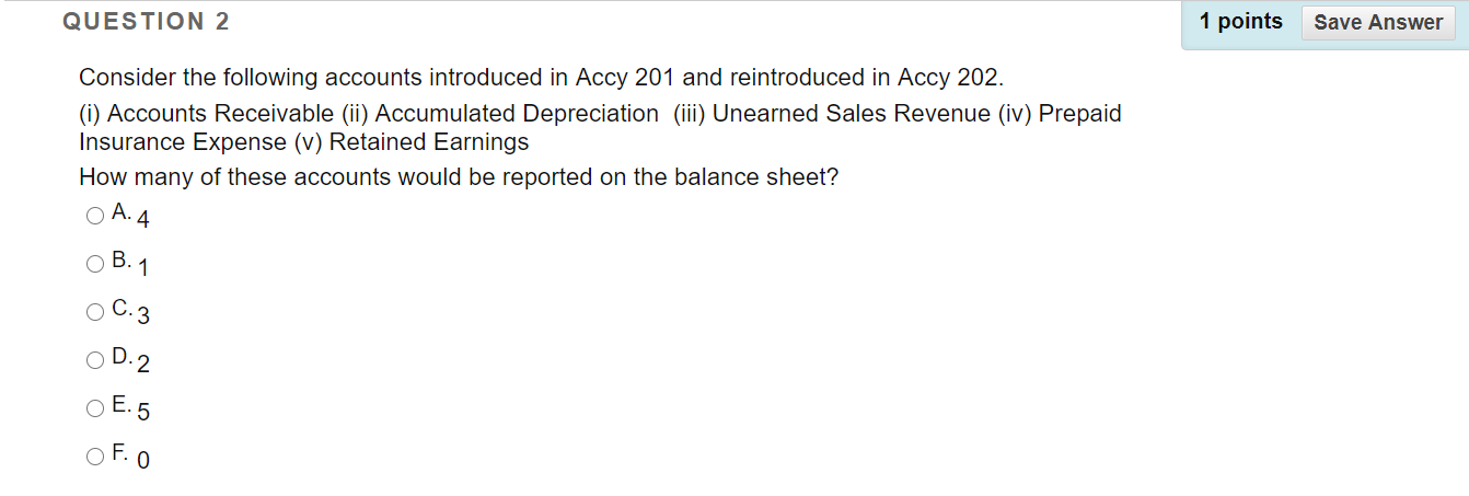  QUESTION 2 1 points Save Answer Consider the following accounts introduced