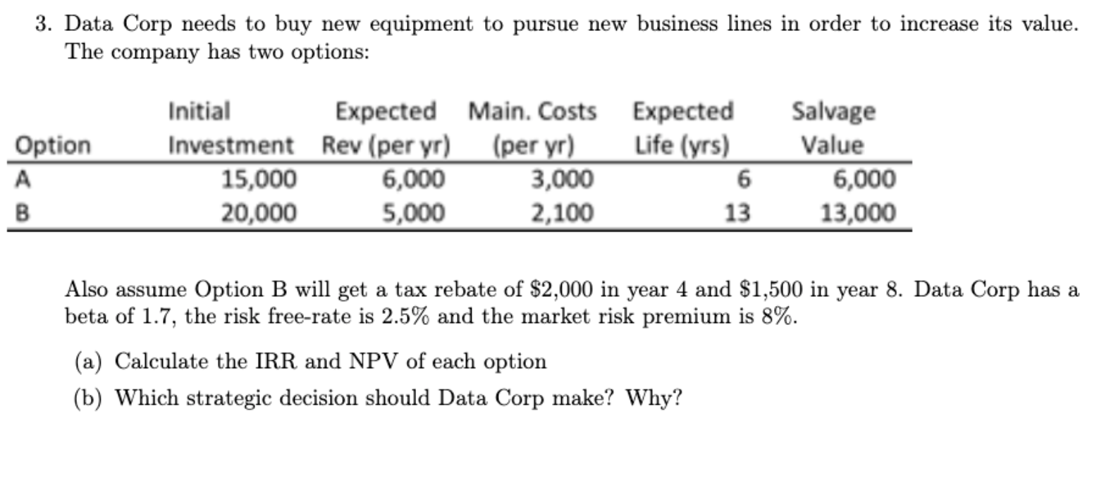 Please include details on how to calculate NPV for each option 3.