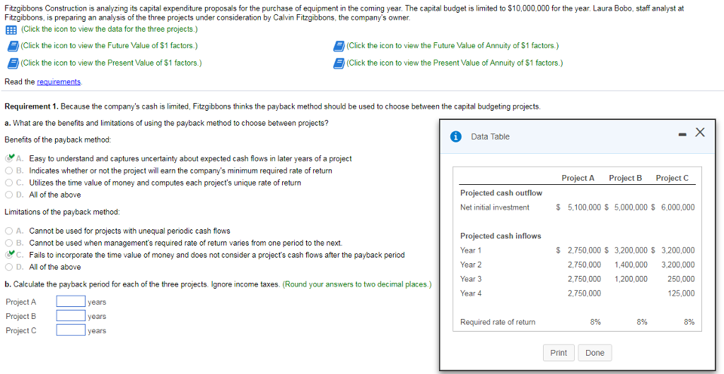 Please solve for the payback period for the different projects? Fitzgibbons Construction