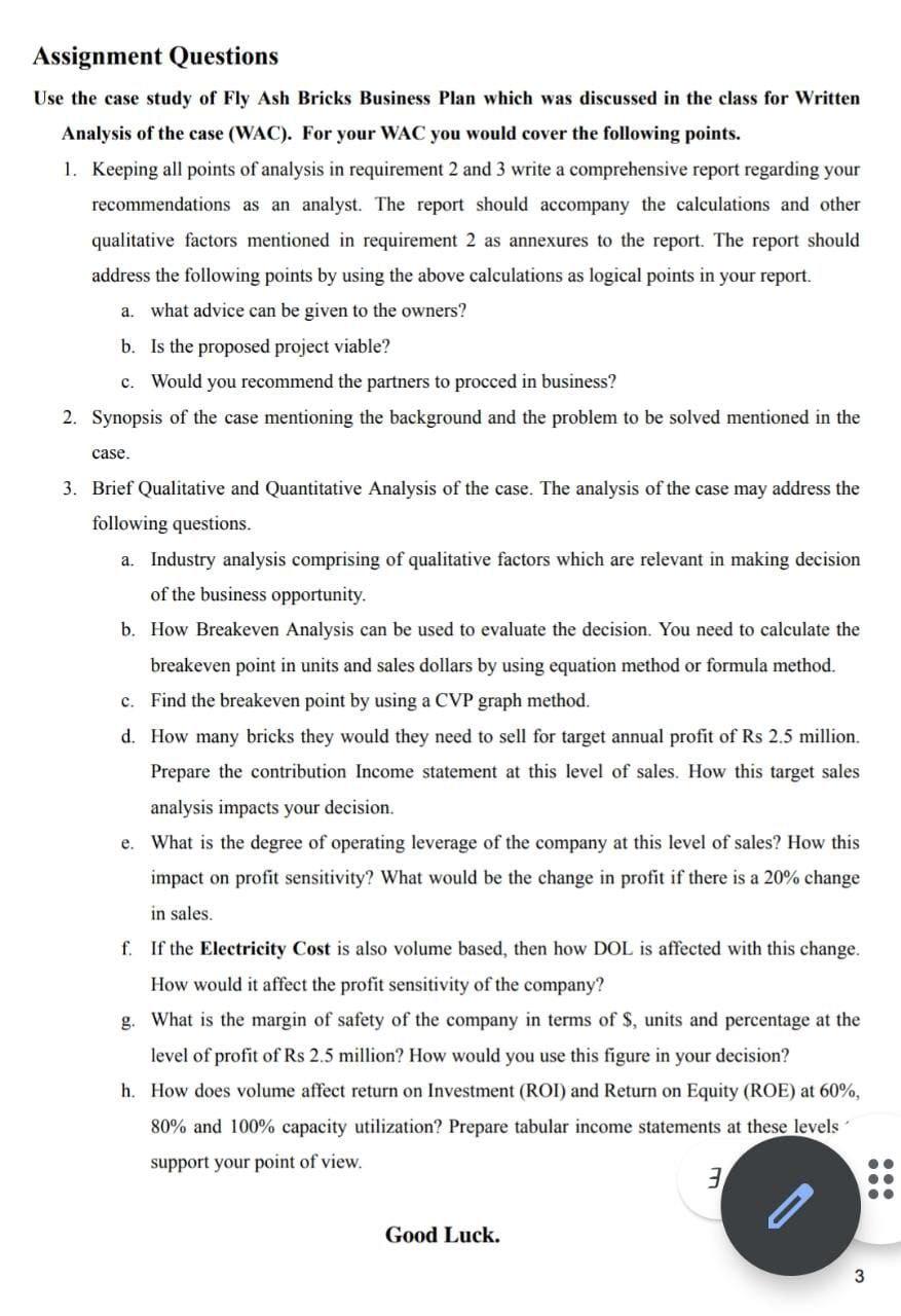 Subject: Management Accounting-Decision Making FLY ASH BRICK PROJECT: FEASIBILITY STUDY USING CVP