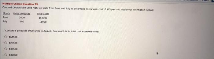  Multiple Choice Question 79 Concord Corporation used high-low data from June