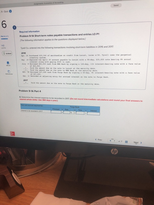  9-Quz 60 Required information Problem 9-1A Short-term notes payable transactions and