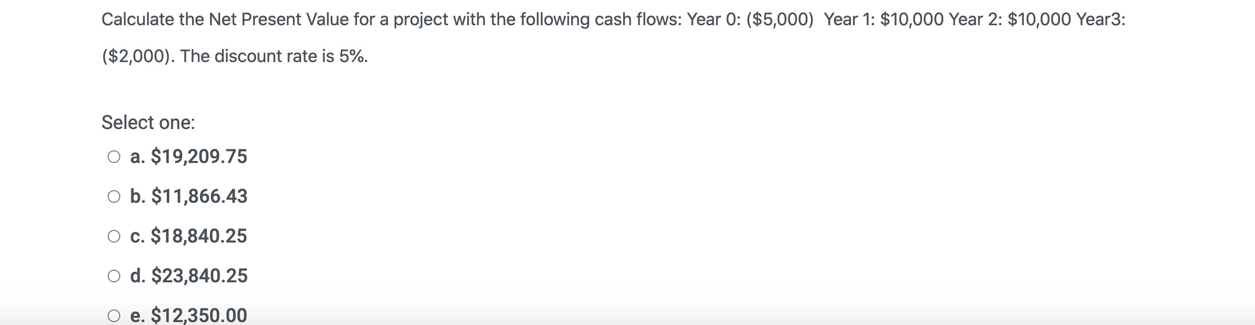  Calculate the Net Present Value for a project with the following