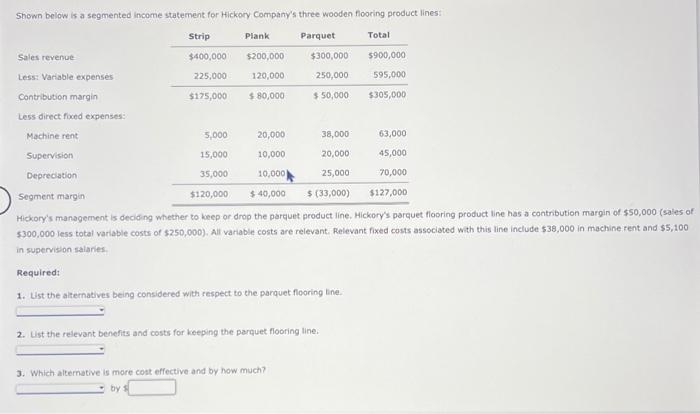  Shown below is a segmented income statement for Hickory Company's three