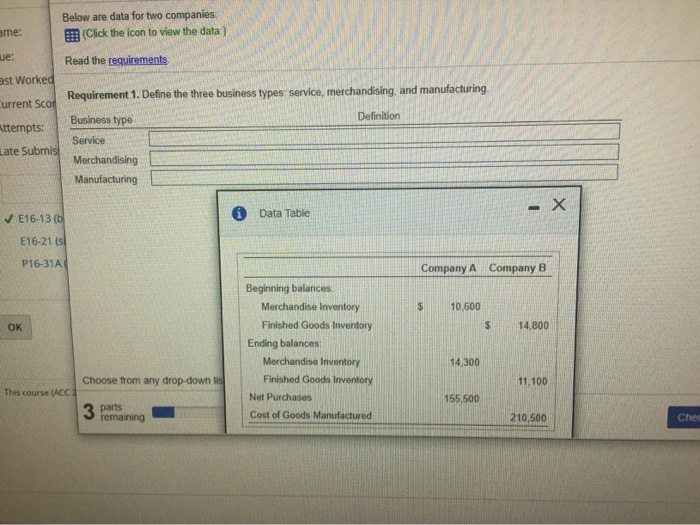  Below are data for two companies ame: Click the icon to