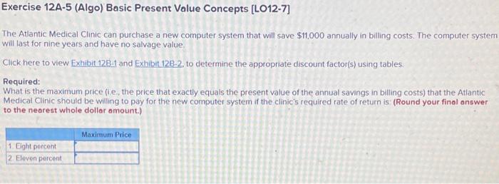  Exercise 12A-5 (Algo) Basic Present Volue Concepts [LO12-7] The Atlantic Medical