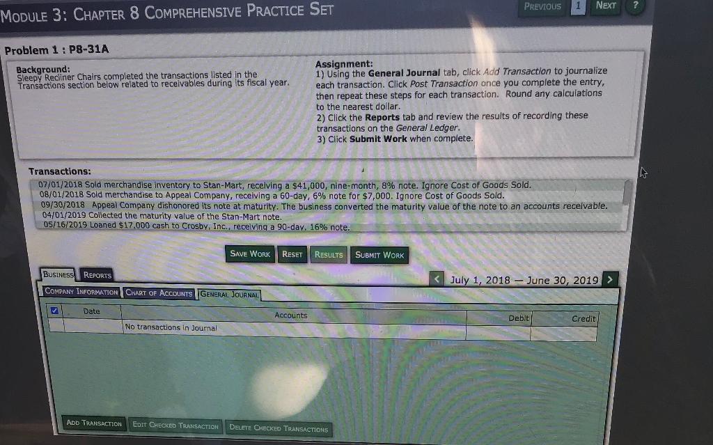  PREVIOUS NEXT MODULE 3: CHAPTER 8 COMPREHENSIVE PRACTICE SET Problem 1: