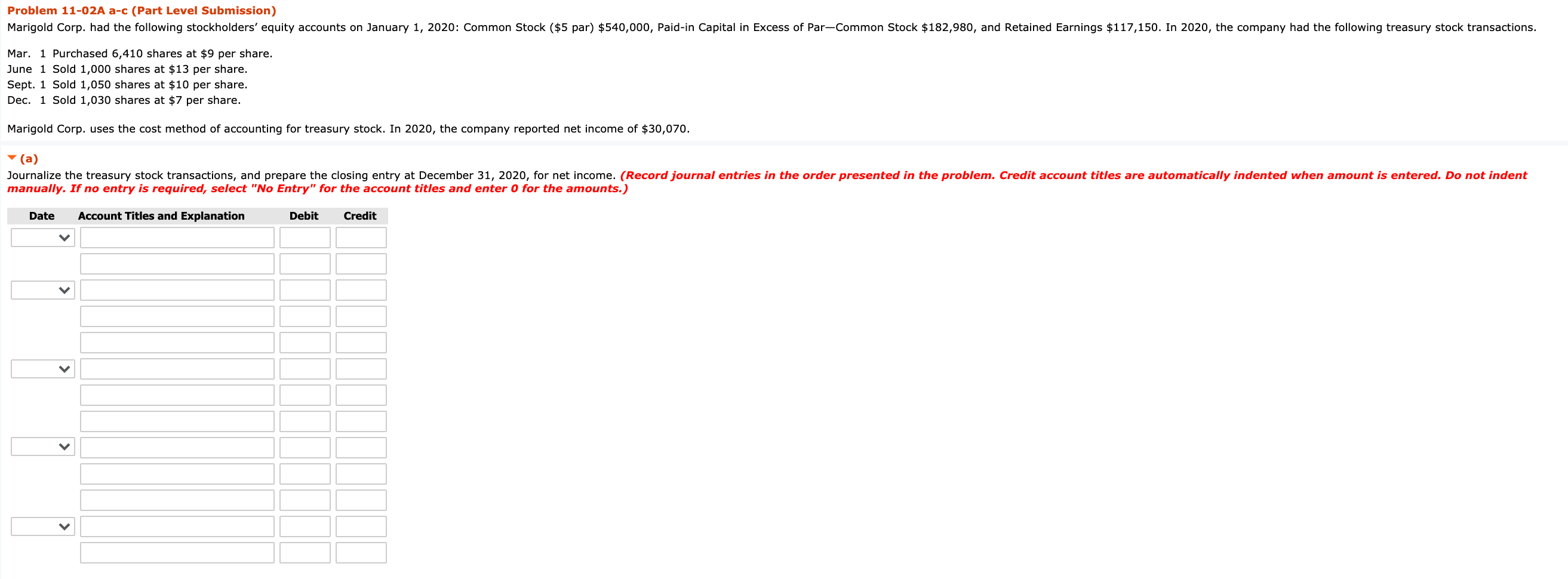  Problem 11-02A a-c (Part Level Submission) Marigold Corp. had the following