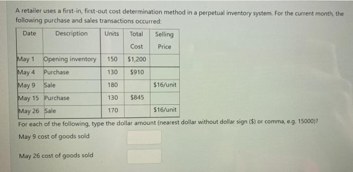  A retailer uses a first-in, first-out cost determination method in a