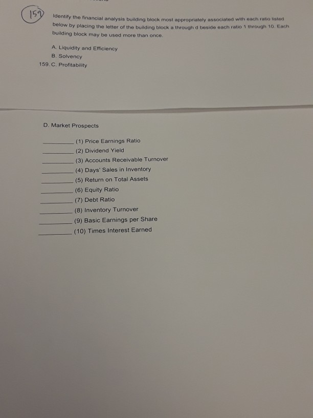 nancial analysis building block most appropriately associated with each ratio listerd