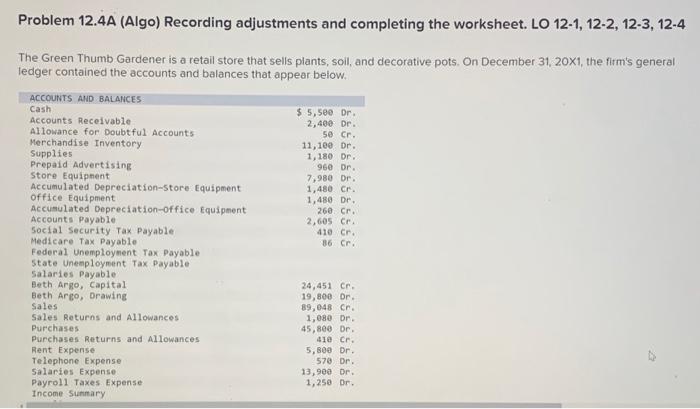  Problem 12.4A (Algo) Recording adjustments and completing the worksheet. LO 12-1,