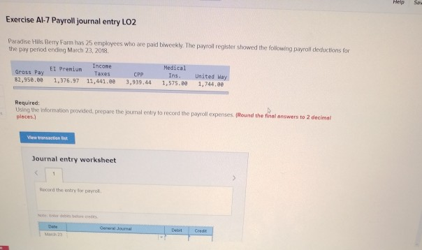 Help So Exercise Al-7 Payroll journal entry LO2 Paradise Hills Berry