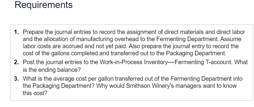Smithson Winery completed the following production cost report for its Fermenting Direct