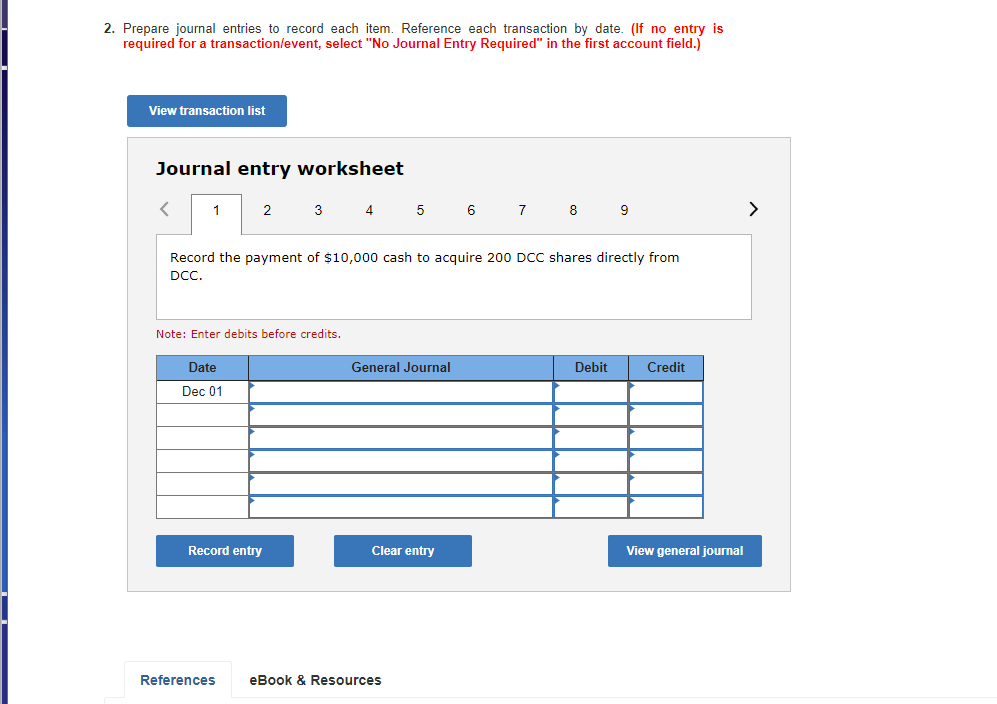 Record the payment of $10,000 cash to acquire 200 DCC shares directly