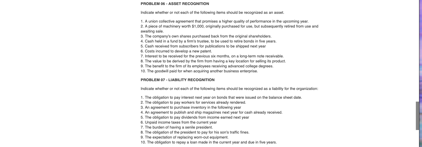  PROBLEM 06 - ASSET RECOGNITION Indicate whether or not each of