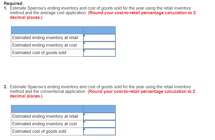you kindly. Sparrow Company uses the retail inventory method to estimate ending