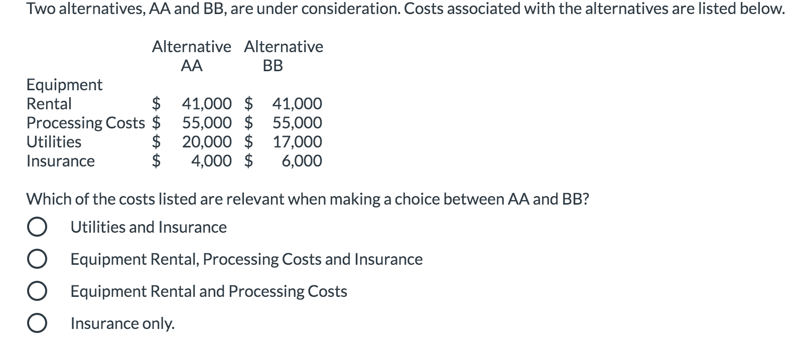  Two alternatives, AA and BB, are under consideration. Costs associated with