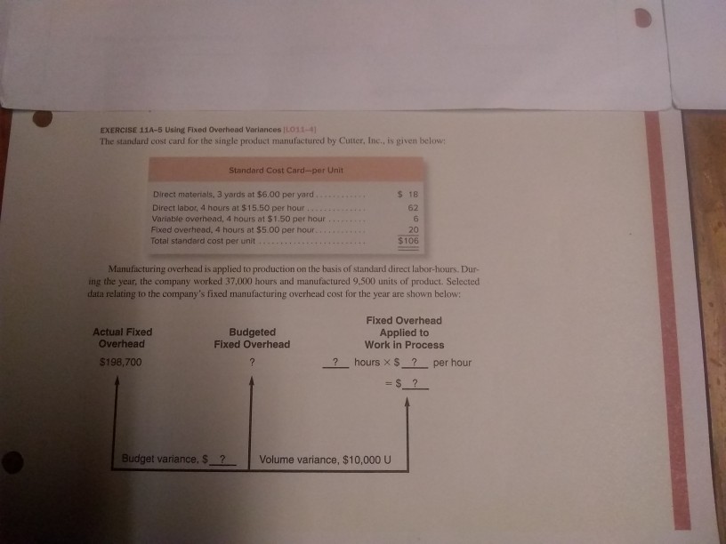  EXERCISE 11A-5 Using Fixed Overhead Variances ILO33-4 The standard cost card