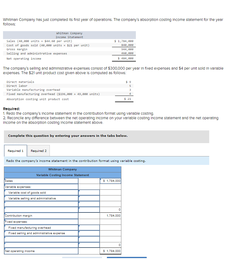 Redo the company's income statement in the contribution format using variable costing