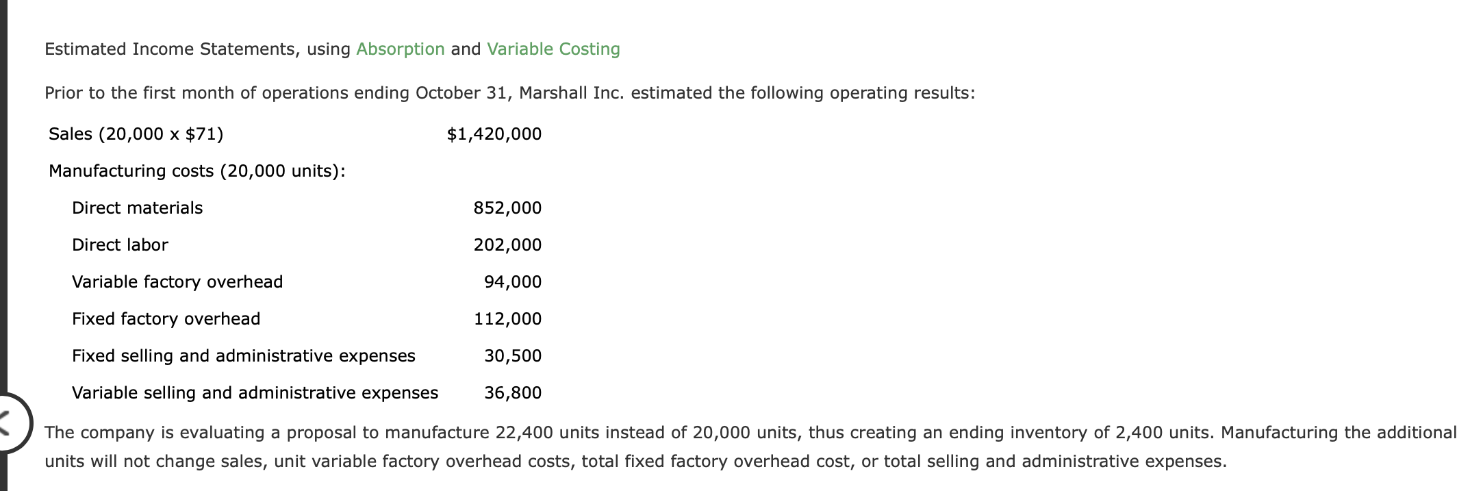 Answer the following questions please. Estimated Income Statements, using Absorption and Variable