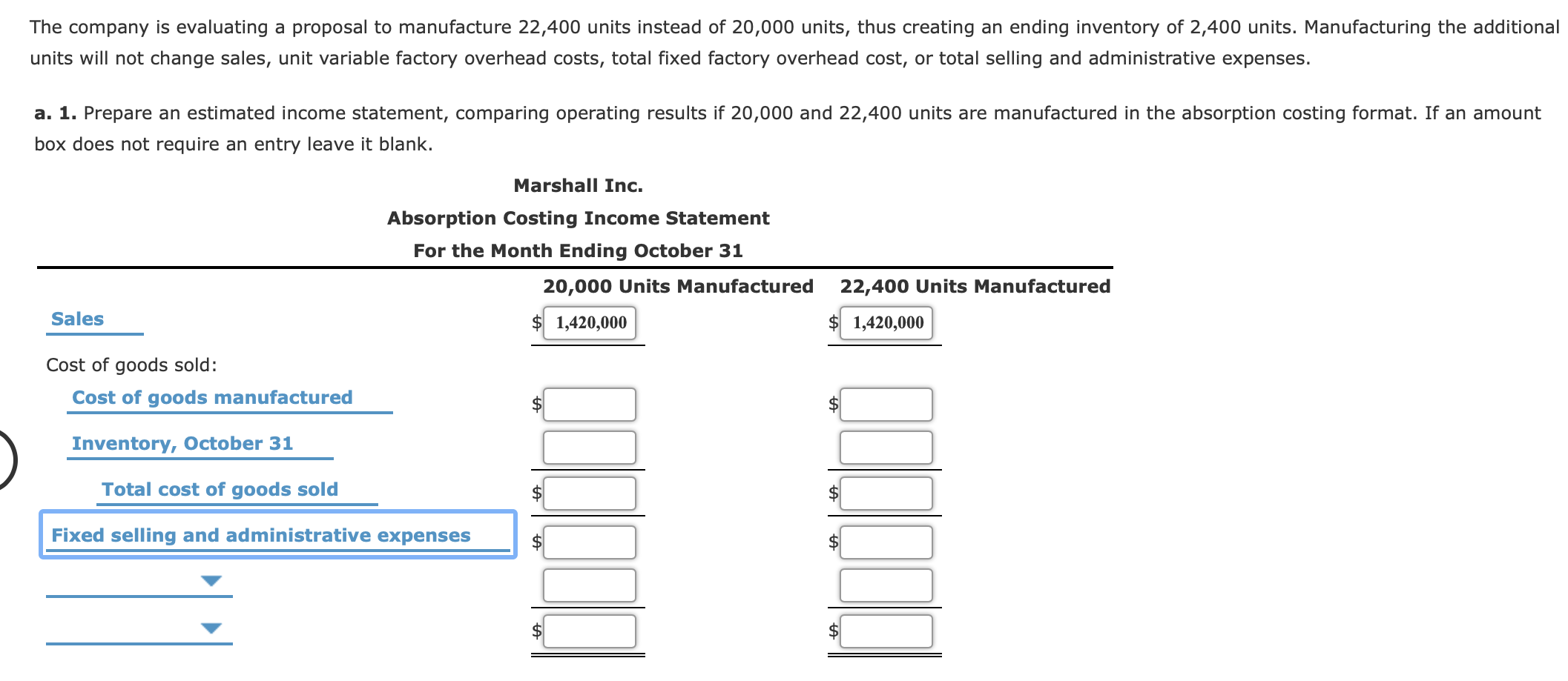 Costing Prior to the first month of operations ending October 31, Marshall